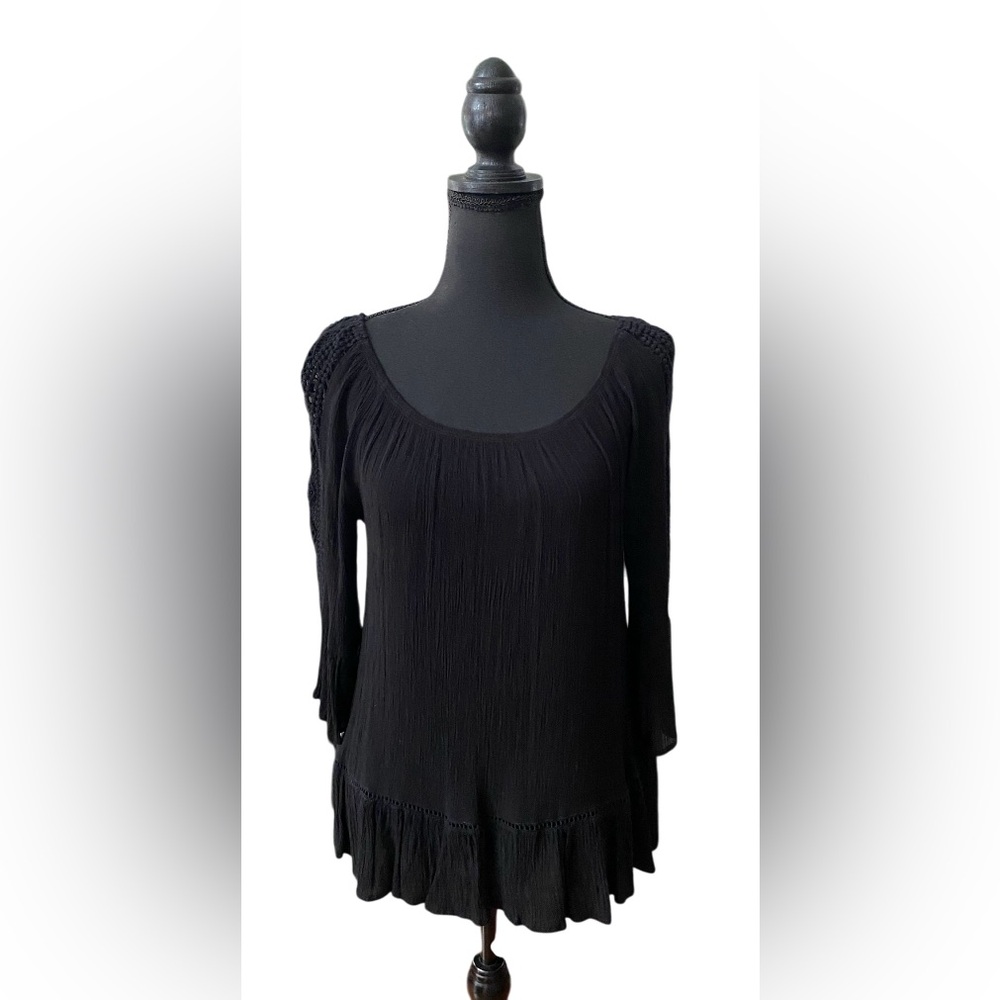 Fever: Black Boho Bohemian Rayon Festival Blouse with Lace Trim Down Sleeves